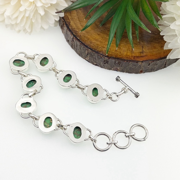 Southwest Boho Genuine Green Copper Turquoise Gemstone Bracelet New 925 Silver - Picture 5 of 7